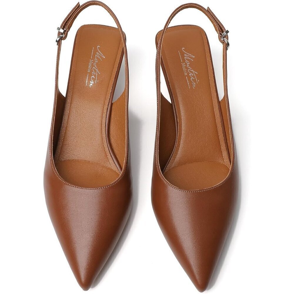 Women's Brown Pu Pointed Toe Pumps Patent Leather Slingback Heels With Buckle - Picture 8 of 9